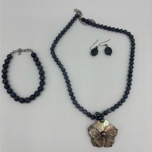Blue Coral NL with Floral MoP Pendant, matching bracelet & earrings.